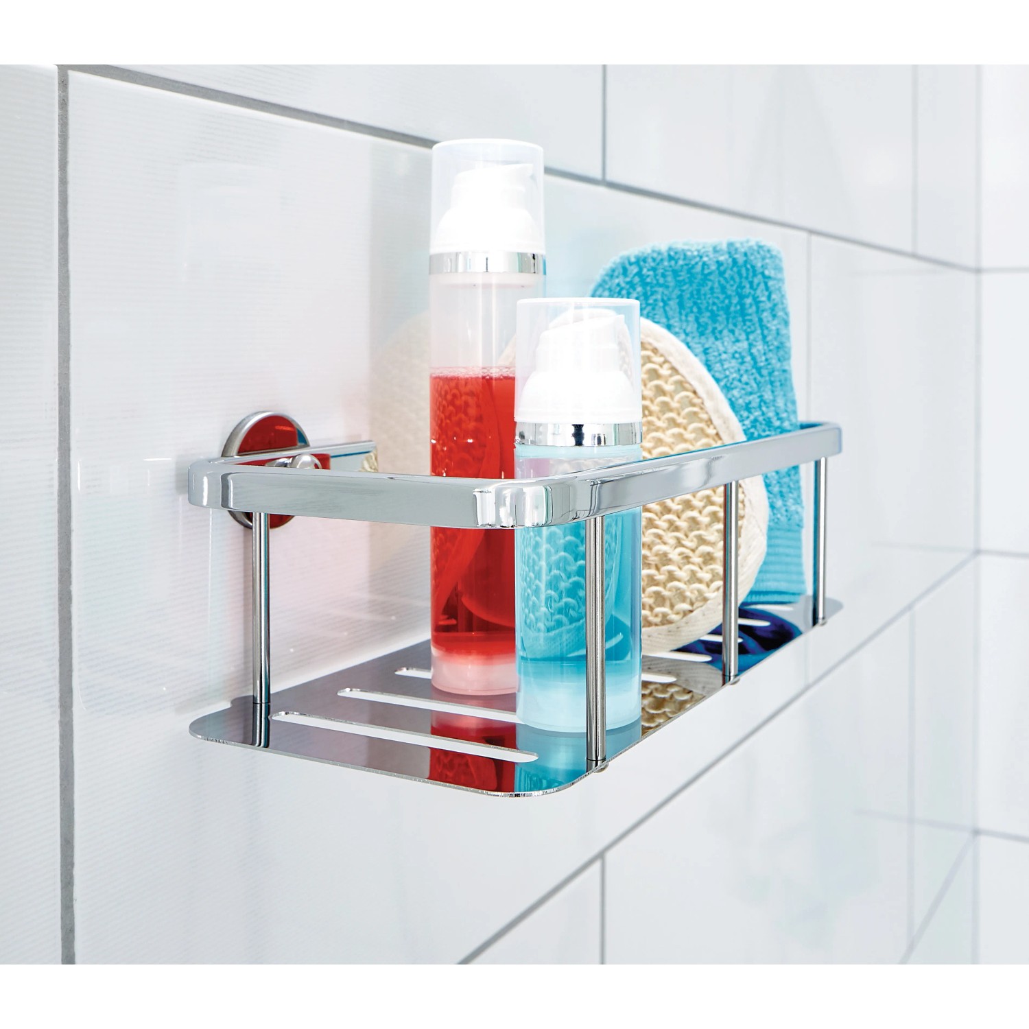 Tesa Aluxx Duschablage mit Duschgel, Shampoo und Waschlappen im verchromten Aluminium Duschkorb.