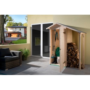 Weka Terrassenschrank aus Holz mit Schleppdach, ideal zur Aufbewahrung von Gartengeräten und Holz.