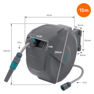 Grauer Ecd Germany Schlauchaufroller 15m mit Automatik, 180° schwenkbar, Wandhalterung und Spritzdüse für den Garten.
