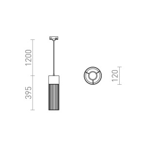 Technische Zeichnung der Rendl BURTON Beton Pendelleuchte. Seitenansicht mit Metalldrahtschirm und Maßen, Draufsicht.