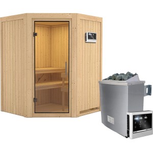 Karibu Sauna Lyra mit Ofen, externer Steuerung und Glastür. Massivholzsauna für entspannte Stunden.