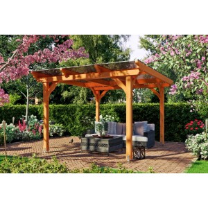 Heller Skan Holz Gartenpavillon Marseille aus lasierter Eiche mit transparentem Dach, schützt Sitzbereich im Garten.