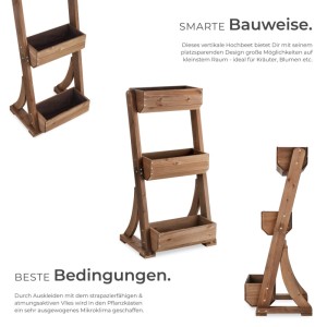 Tectake Vertikalbeet Flora mit 3 Etagen aus Tannenholz, braun lackiert.