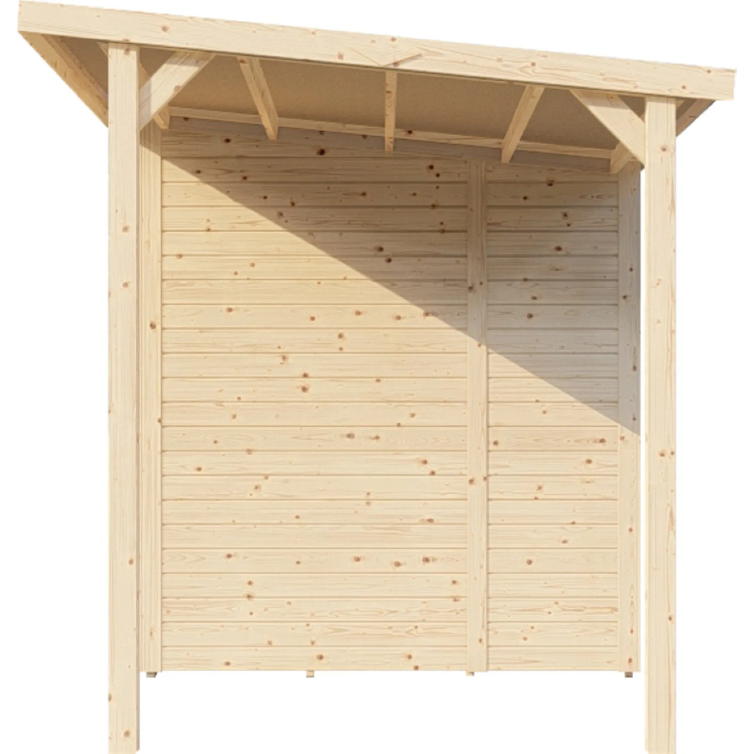 Unbehandeltes Holz-Gartenhaus Bertilo mit Pultdach, 386x180 cm. Gartenhaus mit Anbau und robuster Konstruktion.