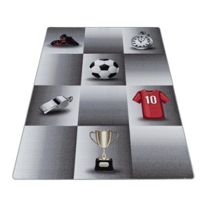 Ayyildiz Kinderteppich Play Grau mit Fußballmotiven, 140x200 cm.