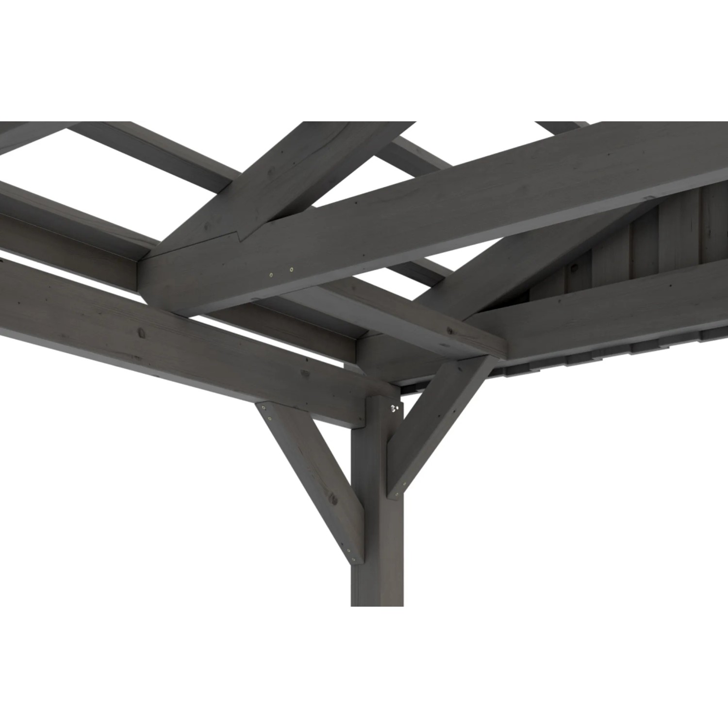 Detailansicht des Skan Holz Carport Fichtelberg in Schiefergrau, zeigt die Holzkonstruktion und Dachlattung.