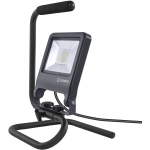 Ledvance LED-Baustrahler Worklight S-Stand, 30W, kaltweiß, mit Tragegriff und schwarzem Gestell.