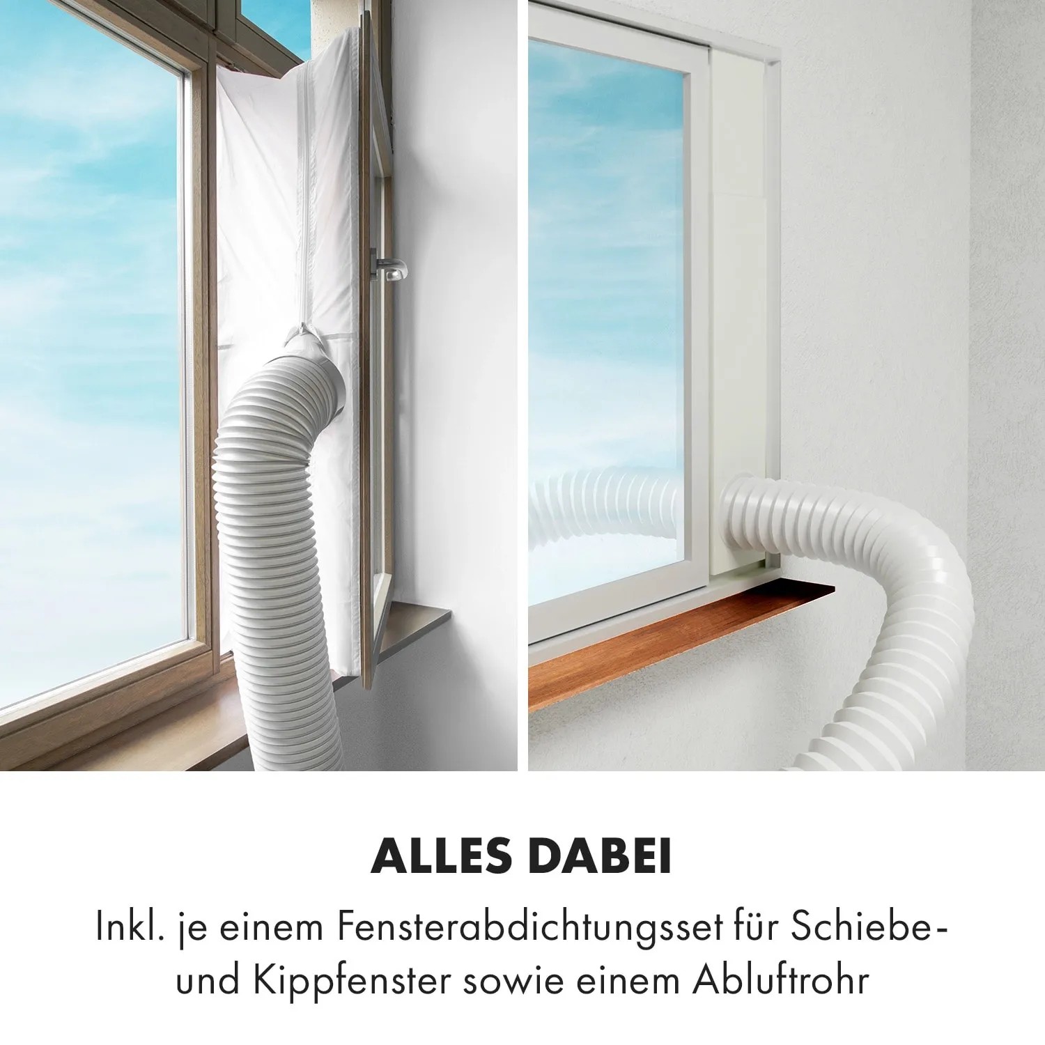 Fensterabdichtung-Sets für Klarstein Metrobreeze Klimaanlage an Kipp- und Schiebefenstern mit Abluftrohr.