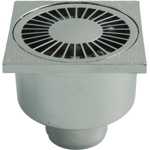 Verchromter Marley Badablauf, senkrecht, DN 50, 100x100 mm, aus ABS.