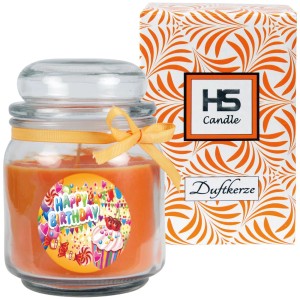 HS Candle Duftkerze Geburtstag Honigmelone Orange im Glas mit Schleife und Geschenkbox.