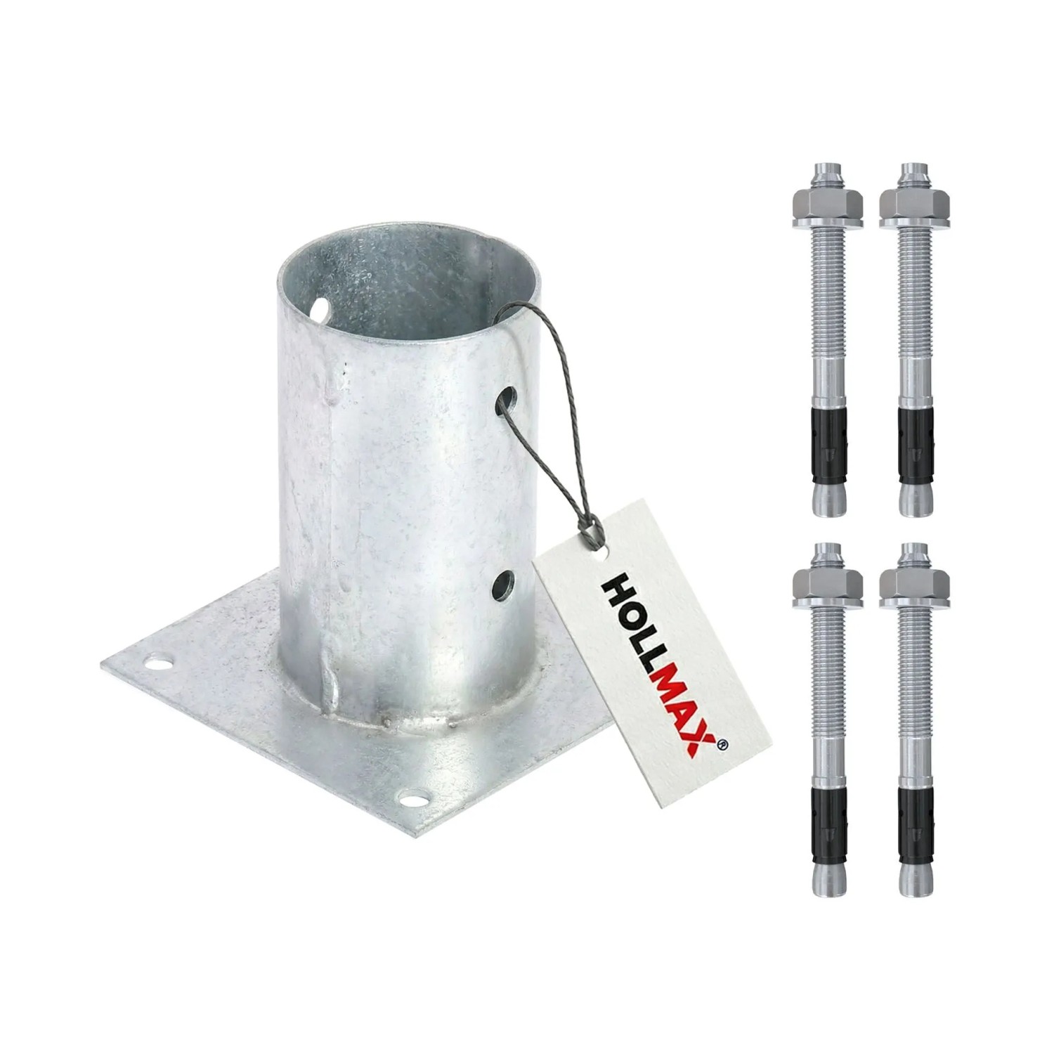 HOLLMAX 1 Stk. Aufschraubhülse/Pfostenträger 80 mm inkl. Schwerlastanker 10 x 100 mm Verzinkt Silber für Rundholzpfosten