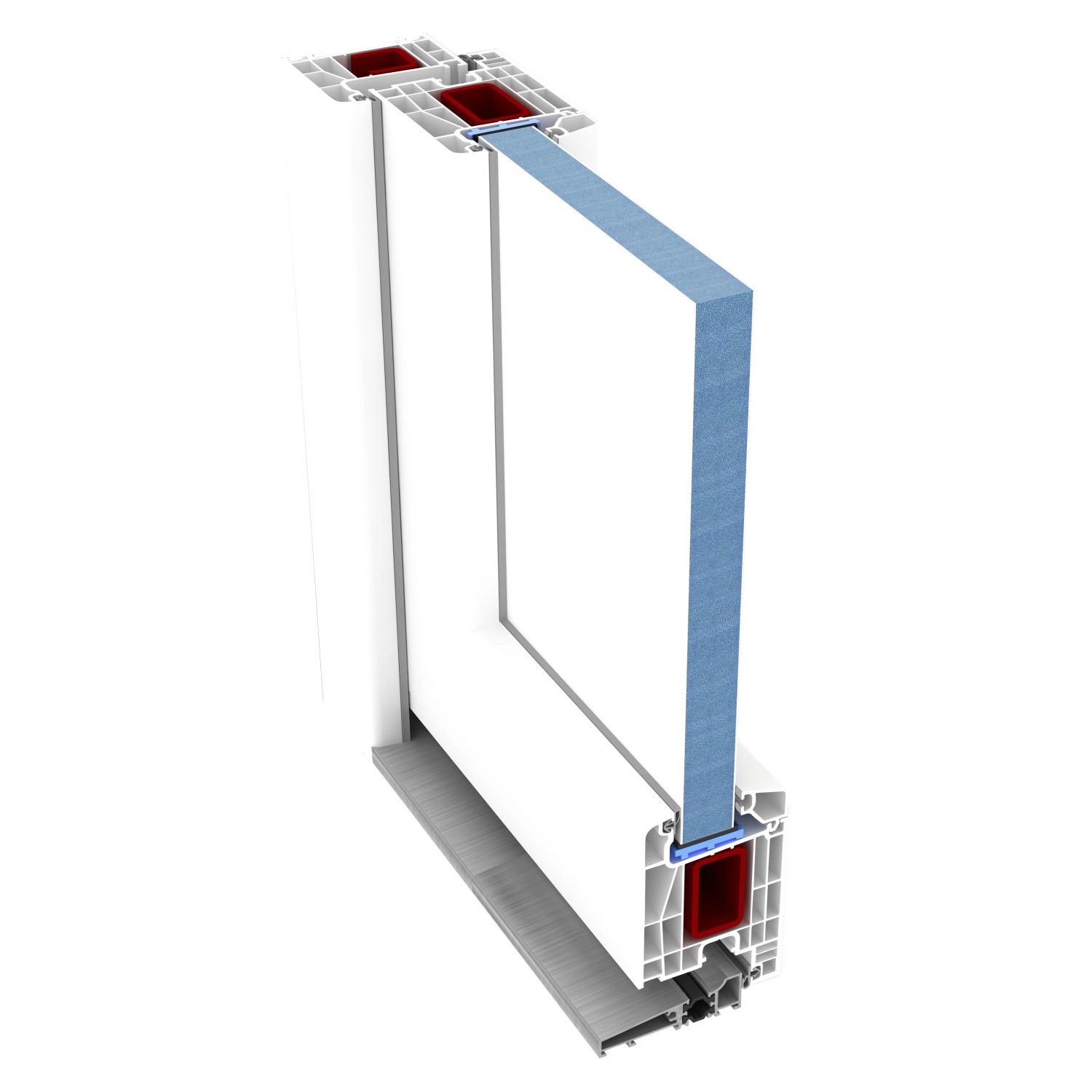 Schnittansicht weiße Panto Nebeneingangstür K 504, nach außen öffnend, mit Stahlarmierung und Mehrkammer-System.