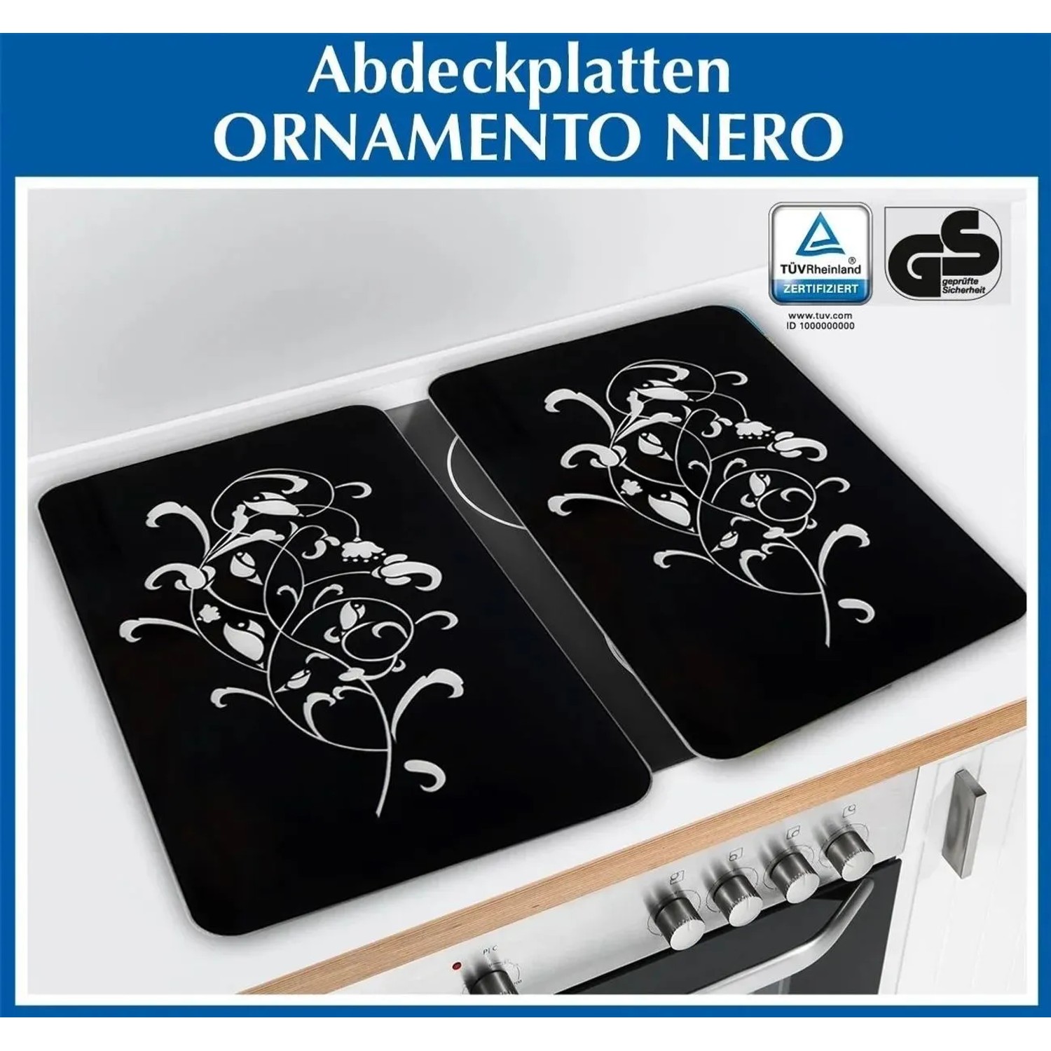 2er-Set Westfalia Herdabdeckplatten Nero mit Ornament-Design auf einem Herd.