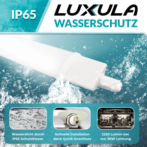 LUXULA LED Feuchtraumleuchte, 120cm, 36W, 4000K, IP65, mit Wasserschutz.