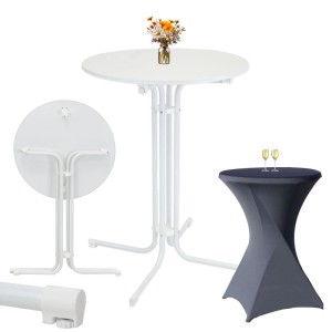 TRUTZHOLM Stehtisch Set, klappbar, Ø 80cm, weiß mit anthrazit Husse. Ideal für Partys und Events.