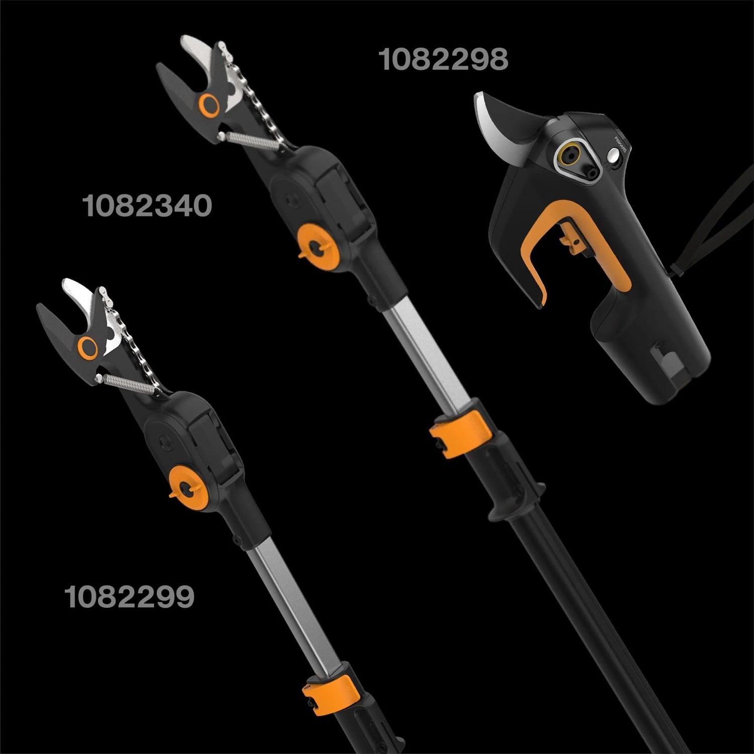 Fiskars Akku-Gartengeräte: Astschere und Hochentaster in Schwarz-Orange. Leistungsstarke Akku-Werkzeuge.