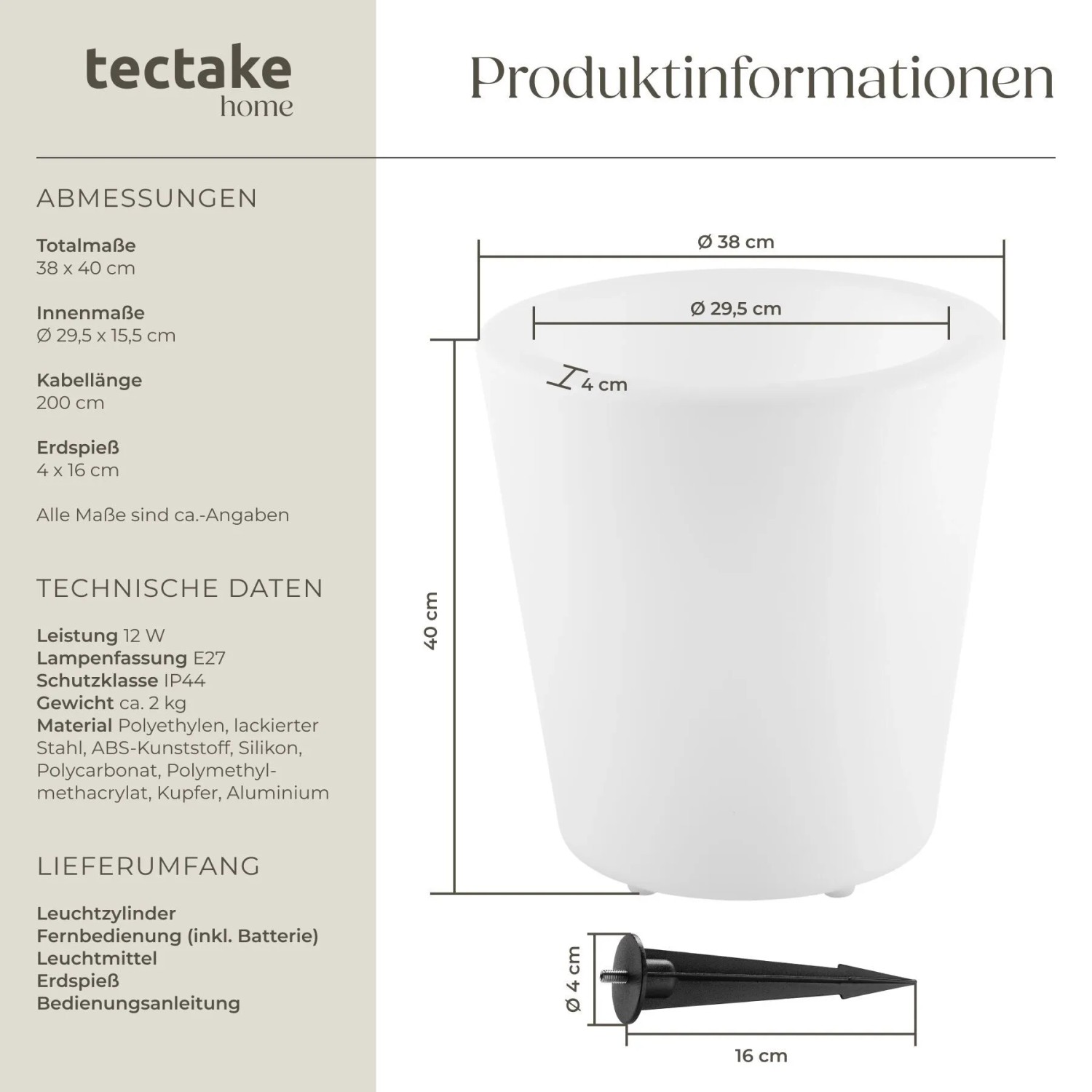Weißer LED-Leuchtzylinder 38x40 cm mit Erdspieß. Dekorative Figur, vielseitig nutzbar.