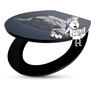 WC-Sitz Agrio mit Mops-Motiv auf MDF-Holzkern, schwarze Brille. Humorvolles Design für jedes Badezimmer.