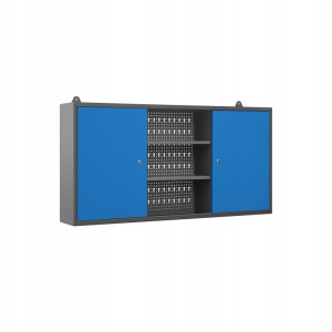Jan Nowak Werkstattschrank BEN, anthrazit-blau, 60x120x20 cm, mit abschließbaren Fächern und Lochwand.