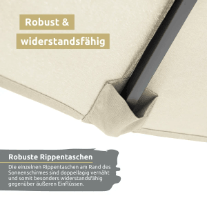 Detailaufnahme: Creme XXL Doppelsonnenschirm, robuste Rippentaschen.