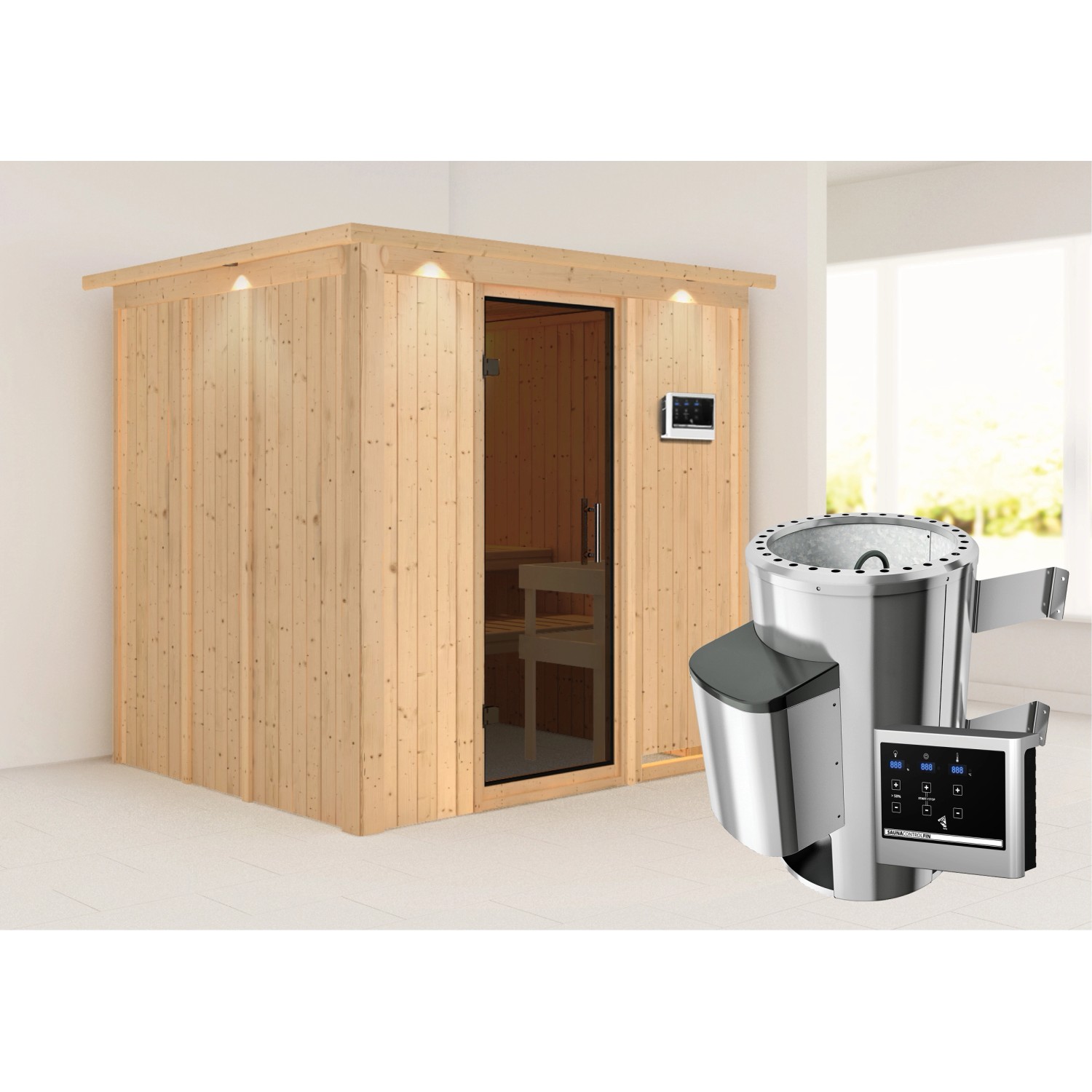 Karibu Sauna Dilja mit Ofen externe Stg.Easy LED-Dachkranz Natur