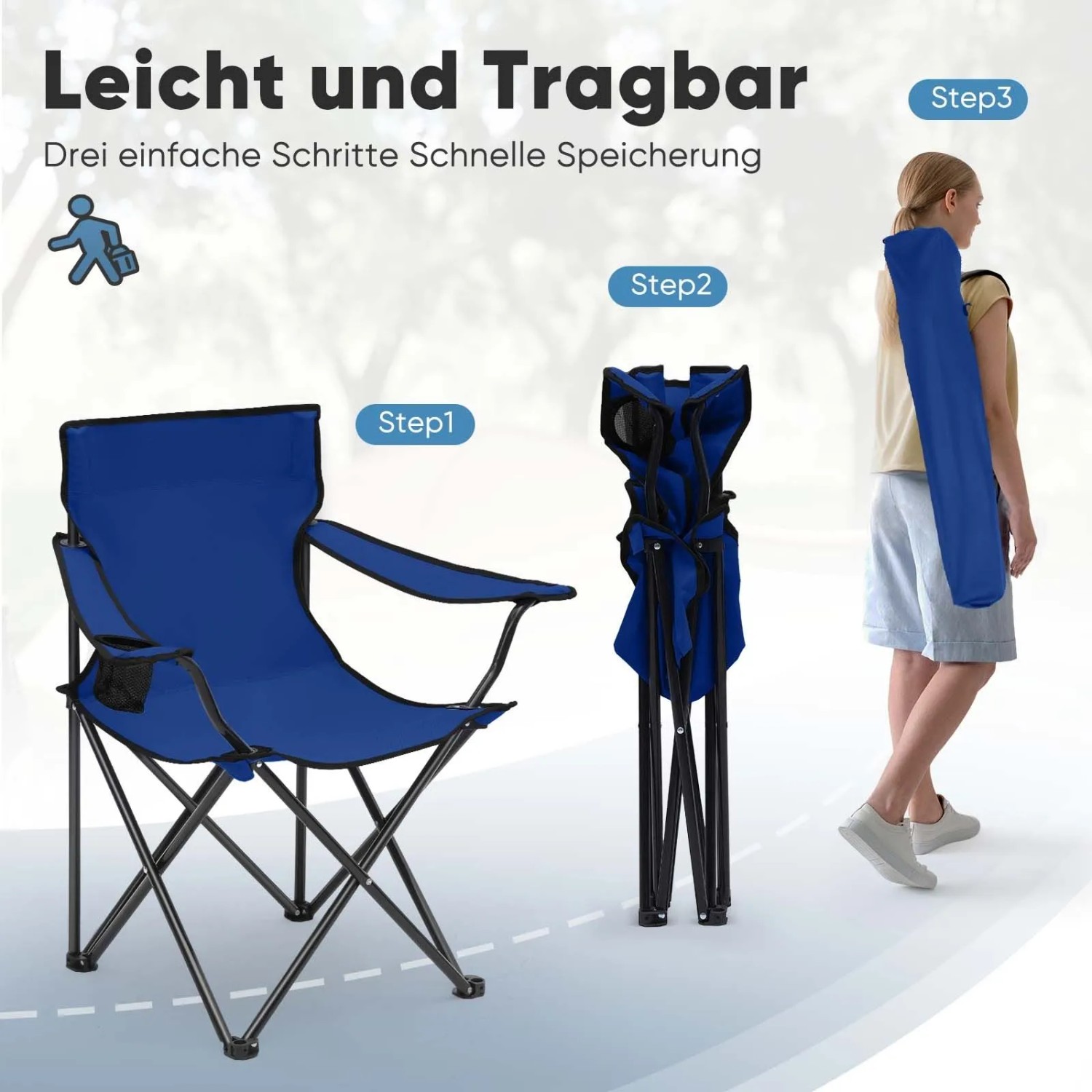 Sunula Campingstuhl, rot, faltbar mit Getränkehalter und Tragetasche, in drei Schritten aufgebaut und verpackt.