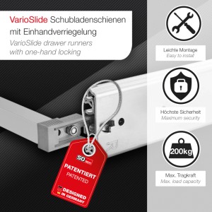 SOTECH VarioSlide Schubladenschienen KV2-200-H76-800 EH 800 mm bis 200 kg Einhandverriegelung Eloxiert für Schubladen ohne Front bis 600 mm Breite