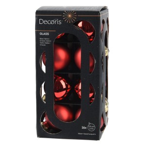 Decoris Weihnachtskugel-Set: 16 rote Glaskugeln, Ø 3,5 cm, glänzend & matt, in schwarzer Verpackung. Dekorativer Baumbehang.