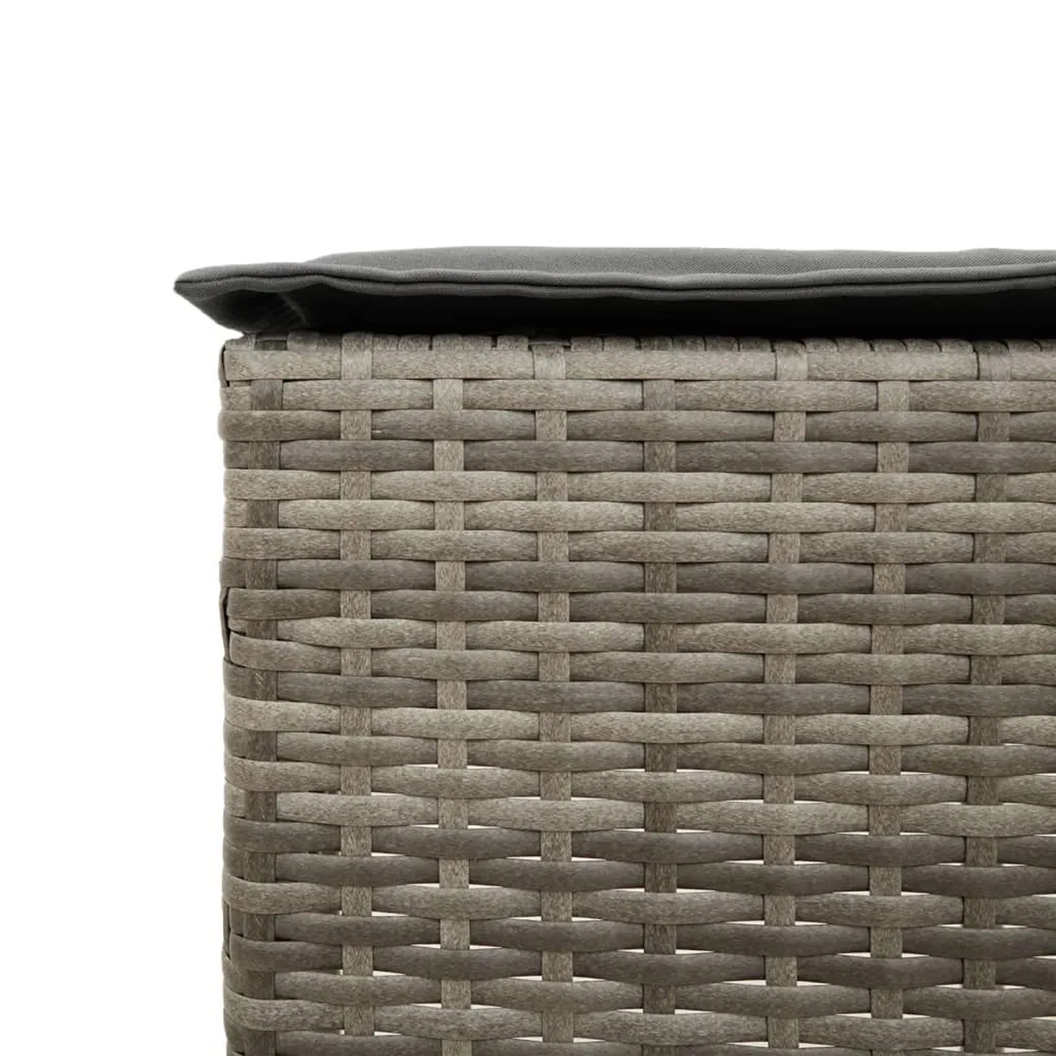 Detailaufnahme Barhocker mit Kissen, vidaXL Gartenbar-Set, graues Polyrattan.