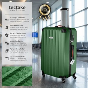 Grüner Tectake Hartschalenkoffer Cleo mit Teleskopgriff, TSA-Schloss und Rollen im Flughafen. Robustes 19-teiliges Kofferset aus ABS.