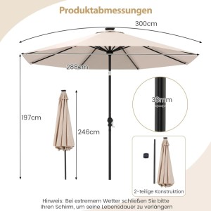 Beiger Costway Sonnenschirm 300 cm mit Abmessungen: 300cm Durchmesser, 197cm Höhe, 38mm Stange. Auch zusammengeklappt und 2-teilige Konstruktion.