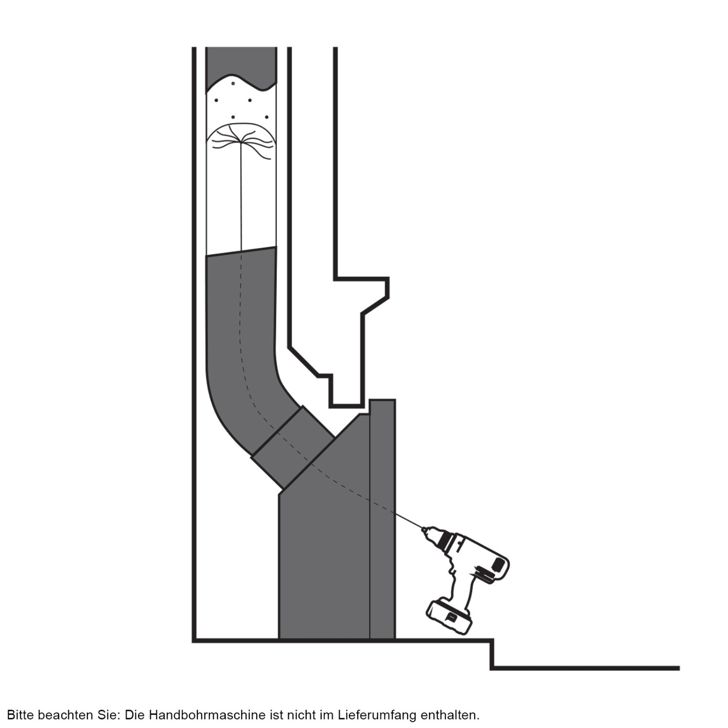 Illustration einer Schornsteinreinigung mit Bohrmaschine und 9m Bürste. Reinigungswerkzeug für Kamine.