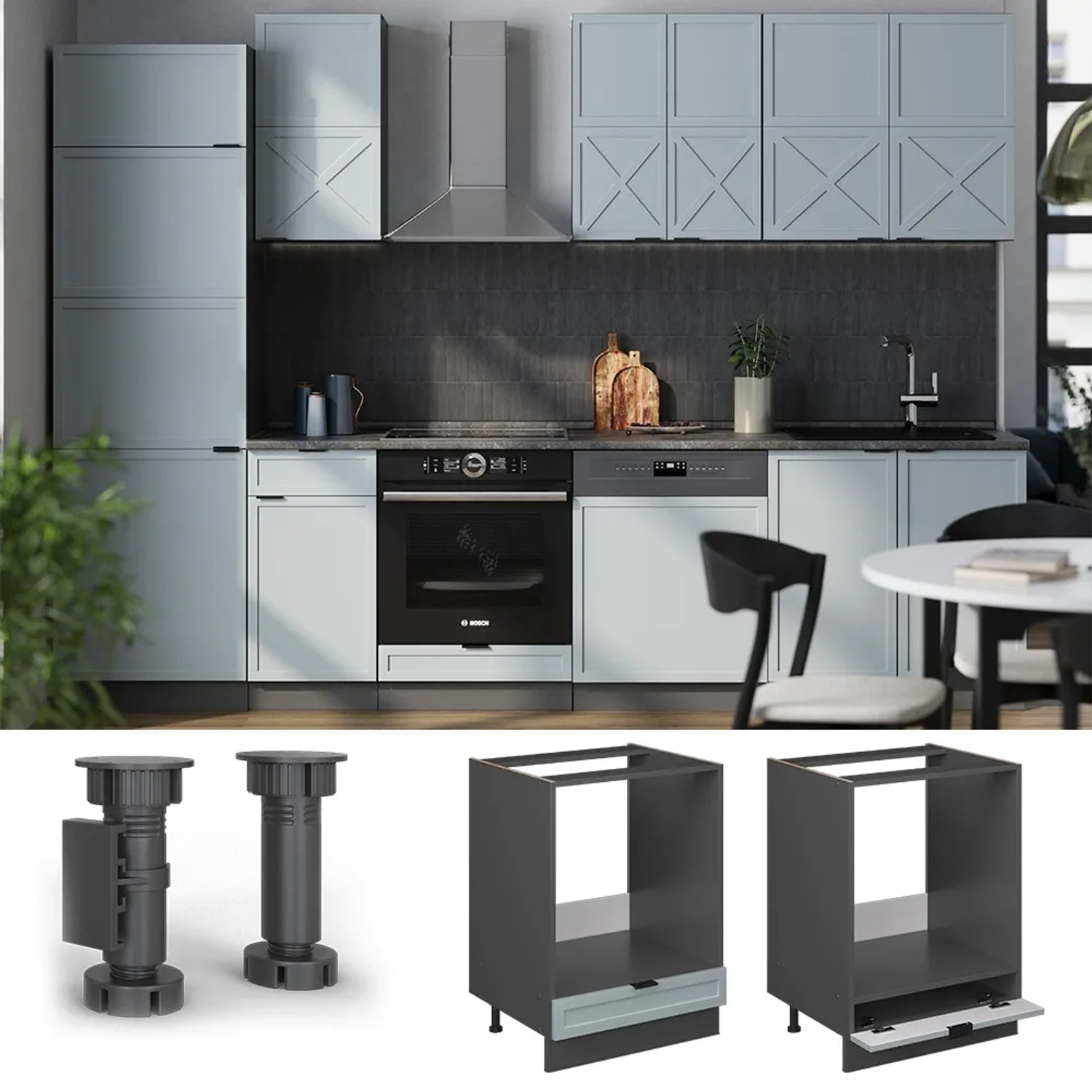 Vicco Herdumbauschrank Fame-Line, hellblau-grau/Eiche, 60 cm. Küchenschrank für Einbauherd.