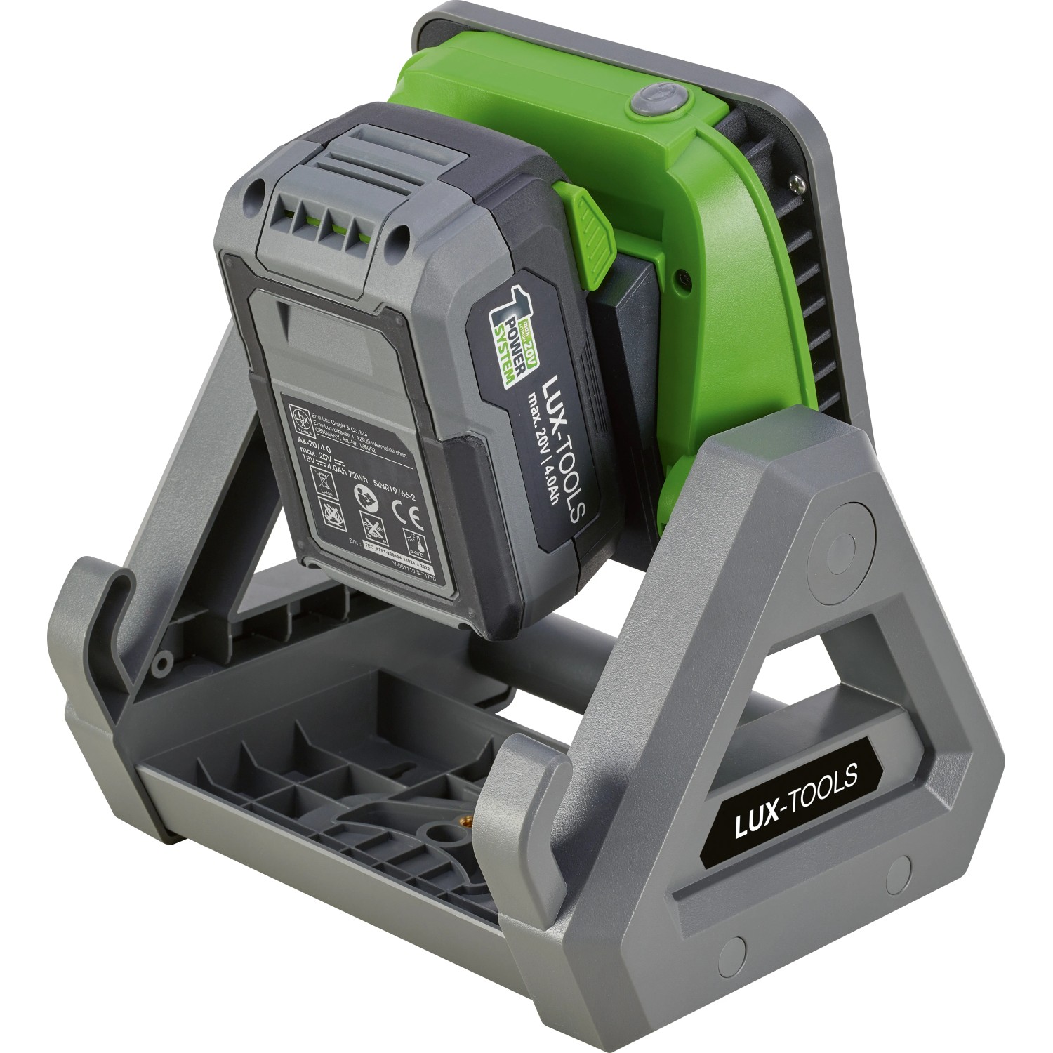 LUX Akku-Arbeitsleuchte 1PowerSystem A-AL-20 Solo mit Akku auf Stativ. Akkugerät für Werkstatt und Baustelle.