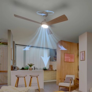 Philips Deckenventilator Velyx 132 cm mit LED-Licht in Weiß/Hellbraun, zeigt Luftzirkulation in modernem Raum.