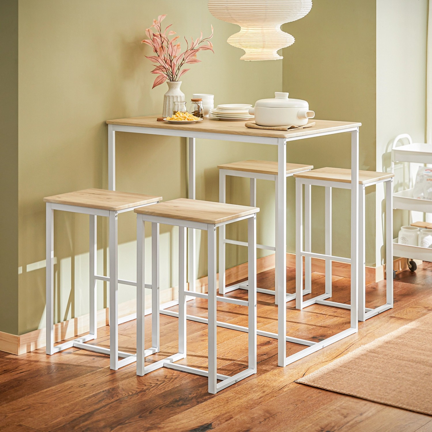 SoBuy Esstisch-Set mit 4 Barhockern, Holz/Metall, natur/weiß. Essgruppe für Küche oder Esszimmer.
