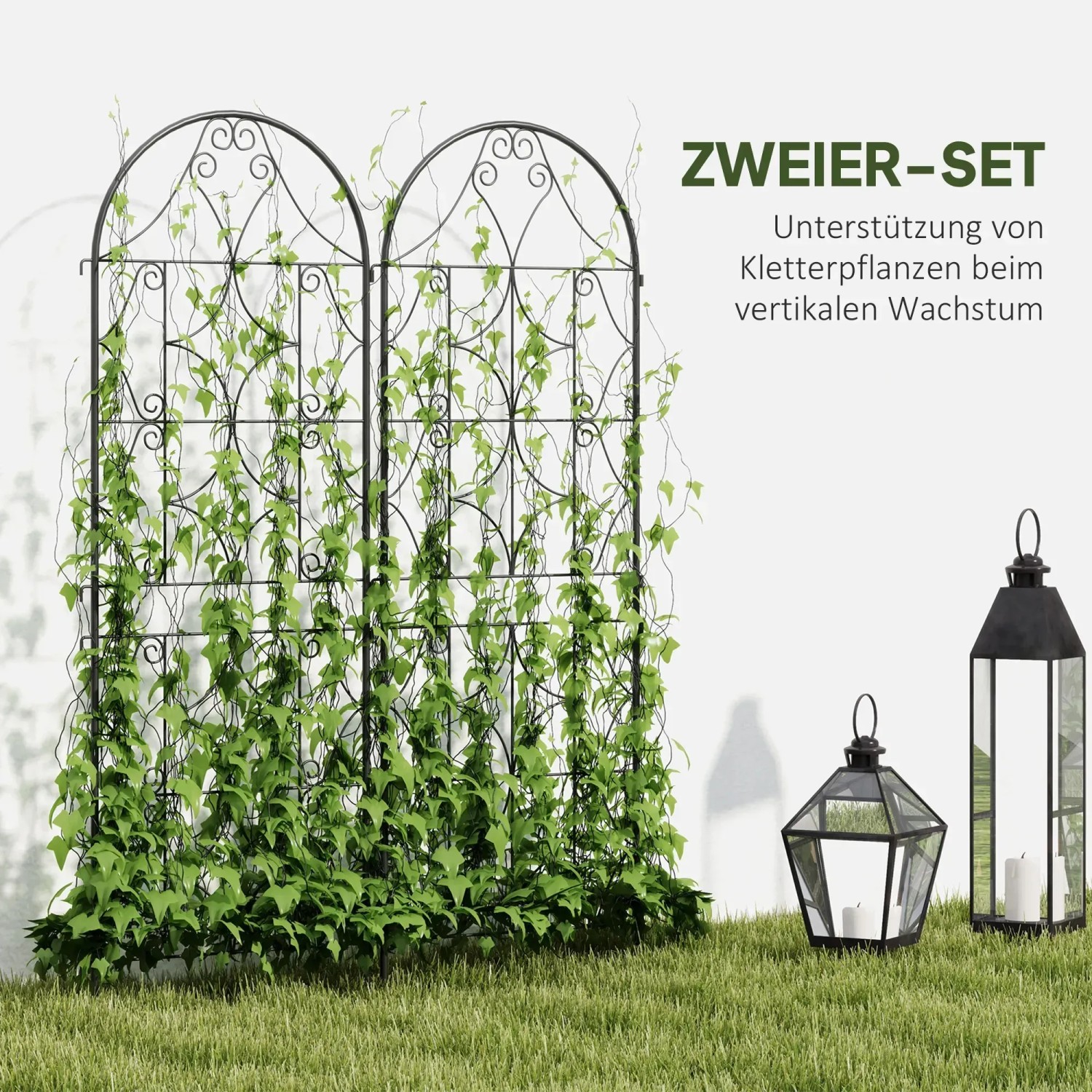 Outsunny 2er-Set Rankgitter aus Metall, schwarz, mit Kletterpflanzen und Laternen im Garten.