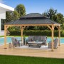 Sunjoy Gazebo Rimo Zedernholz, 390x450 cm, anthrazitfarben, mit Stahl-Dach und Sitzgruppe.