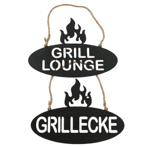 Schwarzes Boltze Schild Conny mit "Grill Lounge" und "Grillecke" Schriftzug als Wanddekoration.