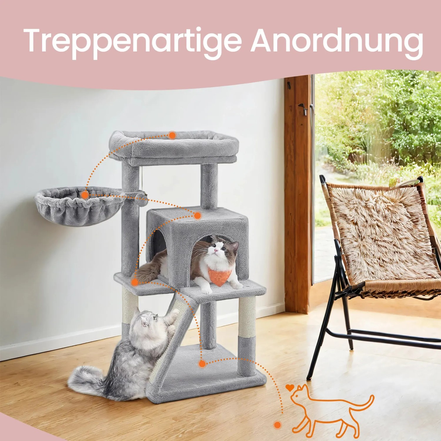 Feandrea Kratzbaum, hellgrau, mit Plattform, Höhle und Kratzrampe für große Katzen.