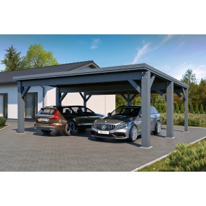 Anthrazitgrauer Holzbrüder Carport Ralf 42 mit zwei parkenden Autos.