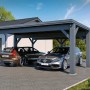 Anthrazitgrauer Holzbrüder Carport Ralf 42 mit zwei parkenden Autos.