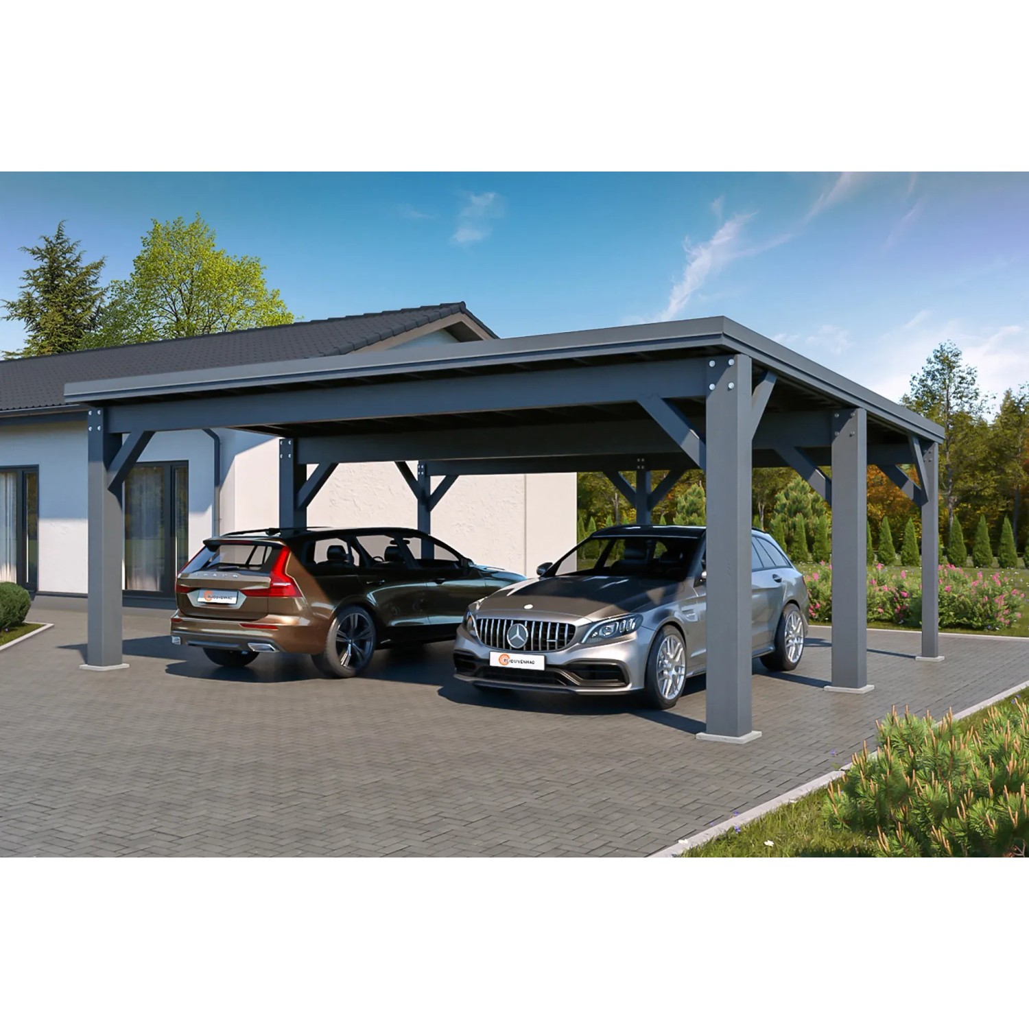 Anthrazitgrauer Holzbrüder Carport Ralf 42 mit zwei parkenden Autos.