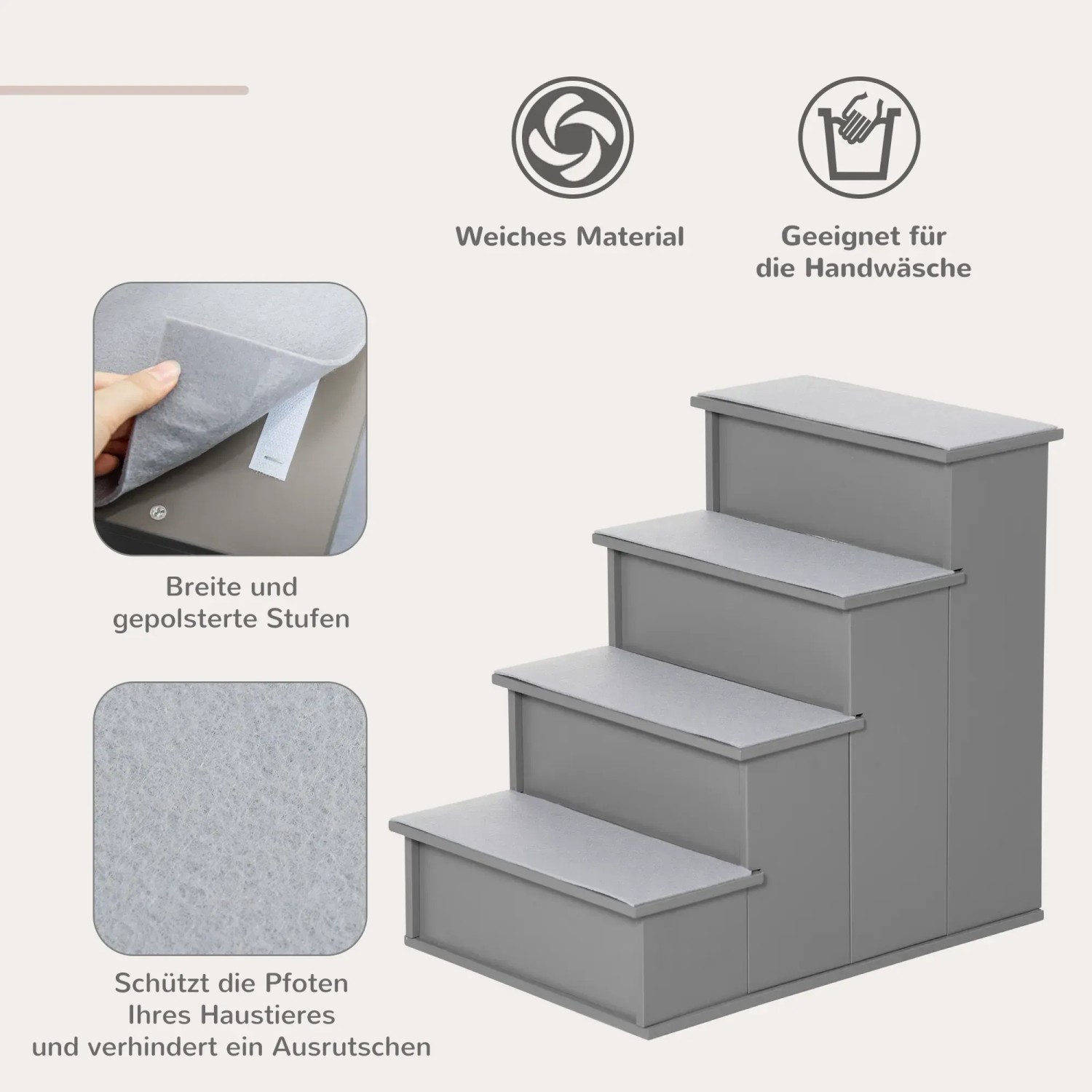 Graue PawHut Haustiertreppe aus MDF mit 4 Stufen und Kurzplüschbezug.