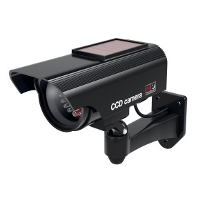 Schwarze Basi Solar Kamera Attrappe KA 311 mit blinkender LED und Wandhalterung.