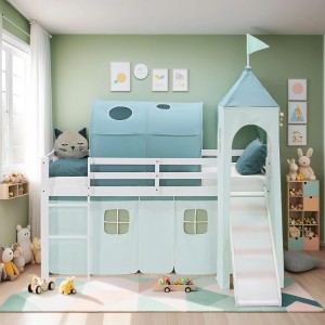 Weißes Kinder Hochbett 90x200 aus Kiefernholz mit Rutsche, Turm, Tunnel und mintgrünem Vorhang für Abenteuerbetten.