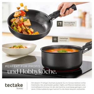 Tectake Küchenset Una Parma: Geschirr, Töpfe und Pfannen aus Steingut und Aluminium mit Antihaftbeschichtung.
