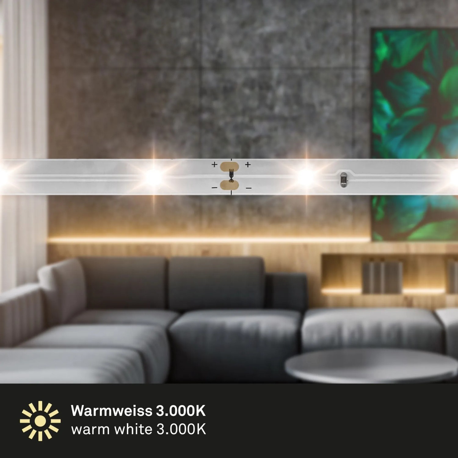 Brilo LED-Strip 5m mit warmweißem Licht (3000K), USB-Anschluss und Kabelschalter.