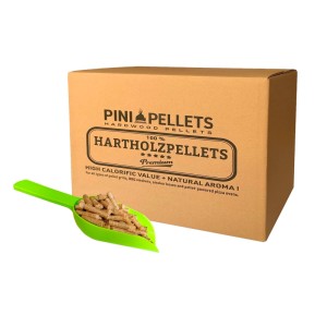 PINI Hartholzpellets 10 kg BBQ Klassik in braunem Karton mit grüner Schaufel voller Grillpellets zum Räuchern.