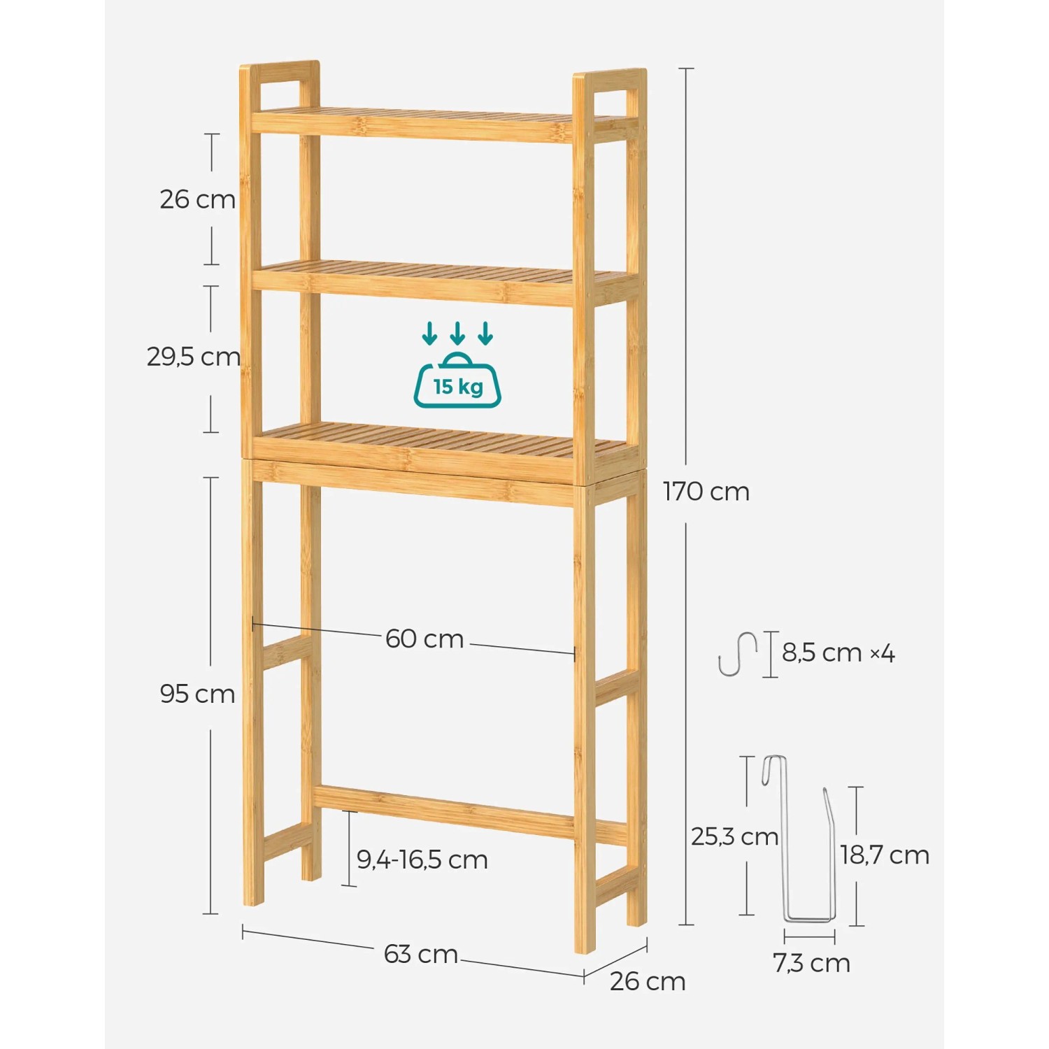 Vasagle Toilettenregal aus Holz, 26x23x163cm, naturfarben. Bad-Standregal mit 3 Ablagen.